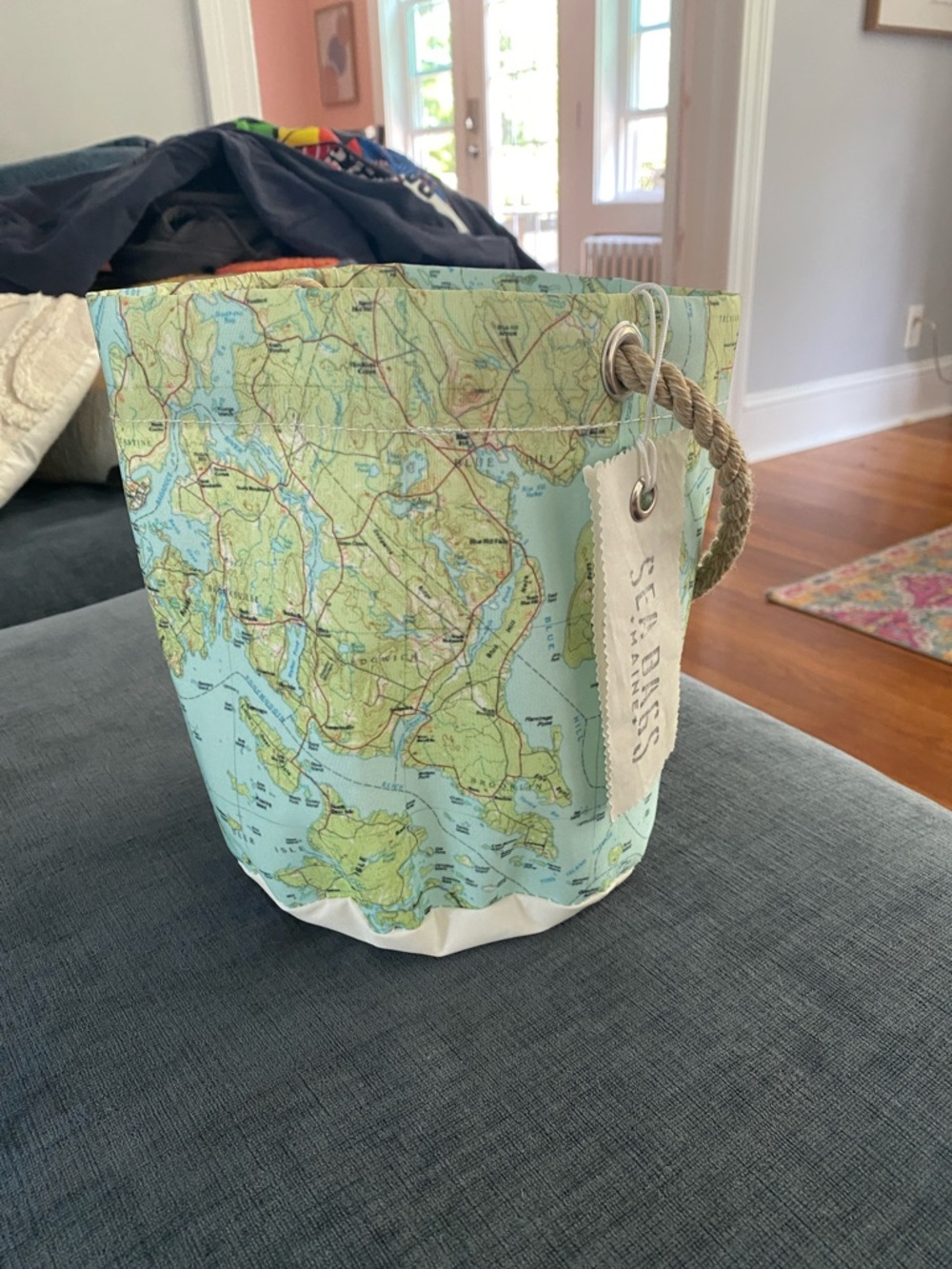 Seamess Coastal Map Canvas Mini Bag in Light Blue & Green